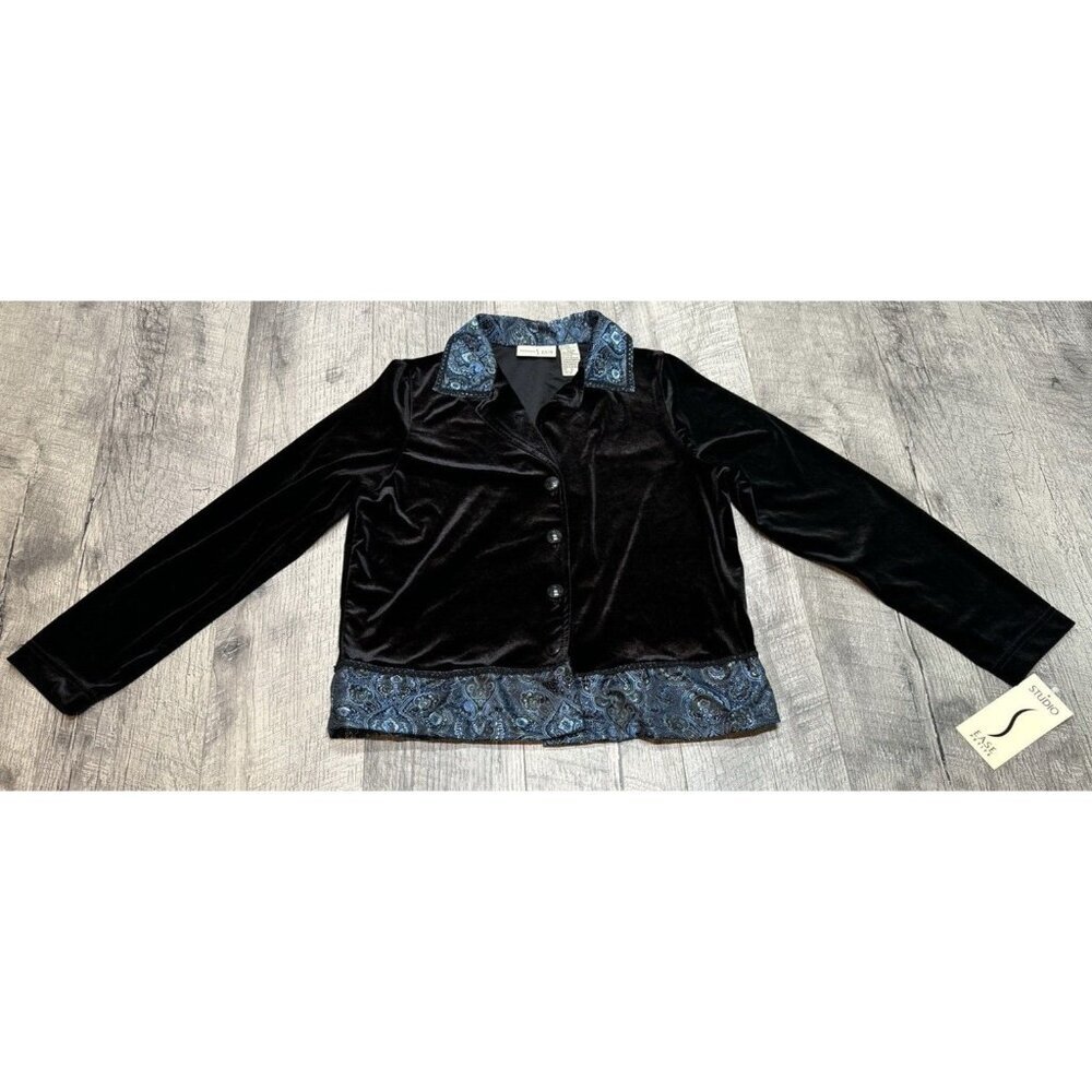 Studio Ease Velour Blouse Womens SP Black‎ Blue Shirt Stretch Button Winter NEW